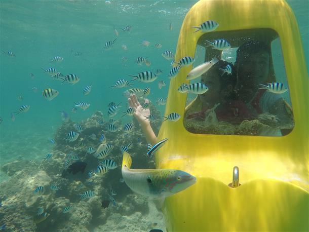 潜水スクーターに乗って、海の中をスイスイ