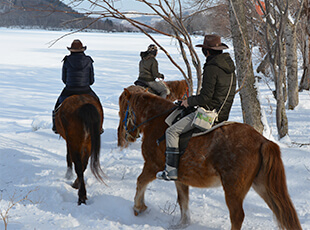 冬の雪道で乗馬
