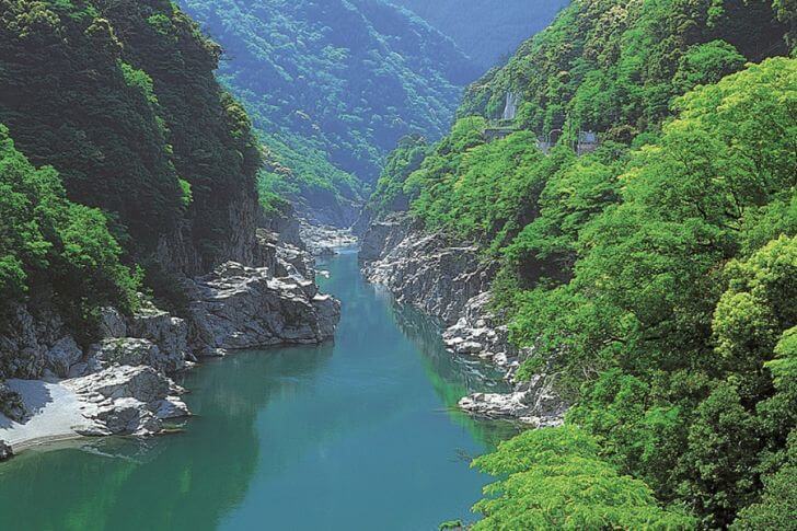 大歩危峡。両岸は砂質片岩(さしつへんがん)と呼ばれるもので、国の天然記念物にも指定されています
