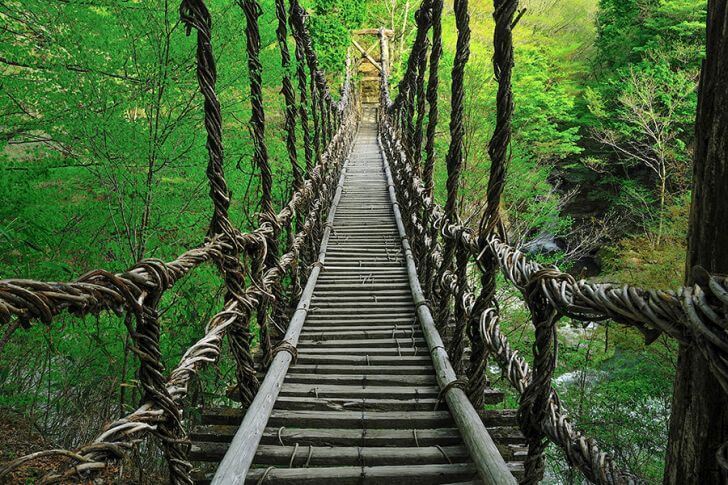祖谷のかずら橋。ぎしぎし揺れるのがスリリング!現在、かずら橋が現存しているのはここと、東祖谷地区にある「奥祖谷二重かずら橋」のみ。