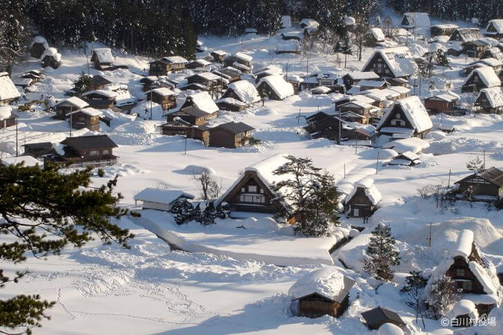 白川郷の合掌造り集落。屋根の上にも1メートルあまりの雪が積もります。