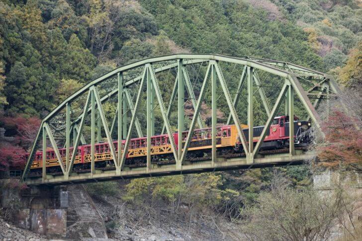 保津川橋梁をわたるトロッコ列車