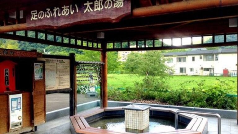 足のふれあい太郎の湯|東屋風の屋根が付いた国道沿いの足湯