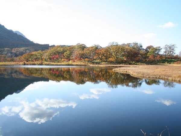 秋の紅葉と青空、湖面にうつしだされた景色に感動 鏡沼