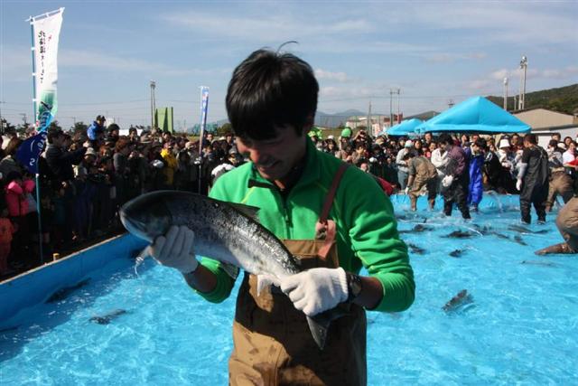一番人気の「鮭つかみ捕り」