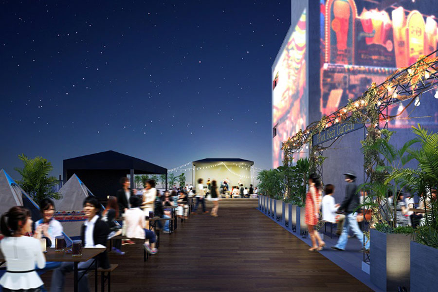 ビアガーデン内には10メートルを超える3面巨大スクリーンを設置