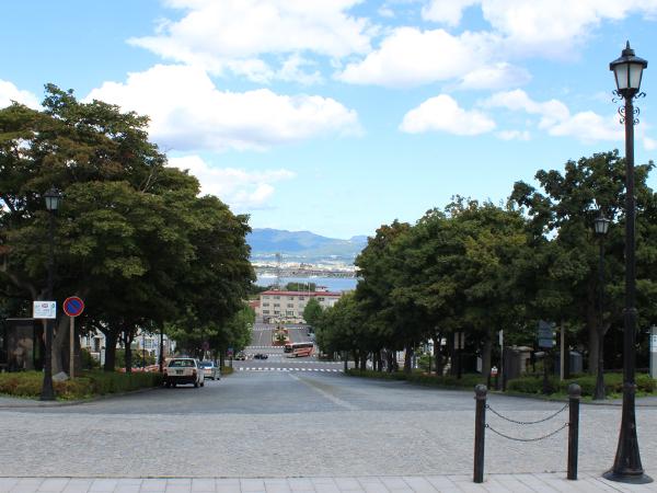 元町公園の手前からまっすぐ伸びる基坂を見下ろす。 青空と緑と港の景色が美しい基坂