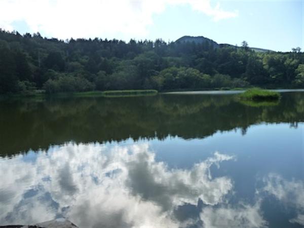 晴れた日には青い空と白い雲が湖面を彩る 姫沼