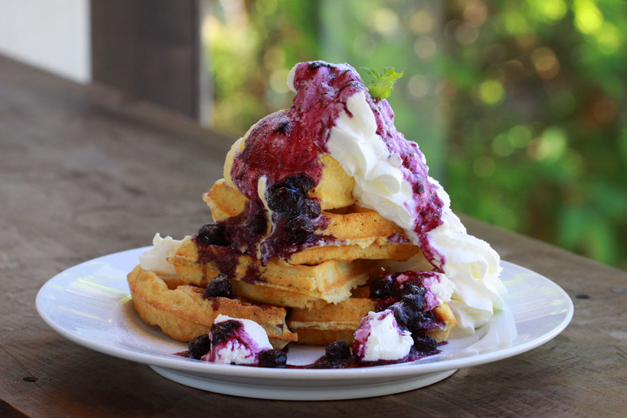 不動の人気「ブルーベリーレアチーズ パンケーキ」。パンケーキもしくはワッフルで味わえる 不動の人気「ブルーベリーレアチーズ パンケーキ」