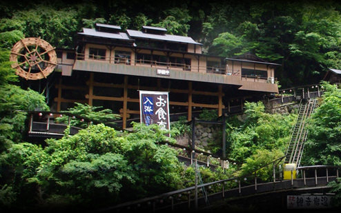 緑の木々に囲まれた杖立川沿いの斜面に佇む温泉施設 緑の木々に囲まれた杖立川沿いの斜面に佇む温泉施設