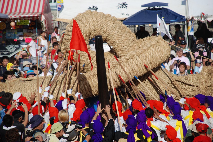 雄綱(おづな)と雌綱(めづな)を結合して、綱引きがはじまる 雄綱(おづな)と雌綱(めづな)を結合