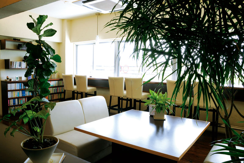 白と茶を基調にした店内。部屋は4つのブロックに分かれ、
窓際のカウンター、ソファ席などシートの種類は多彩 白と茶を基調にした店内