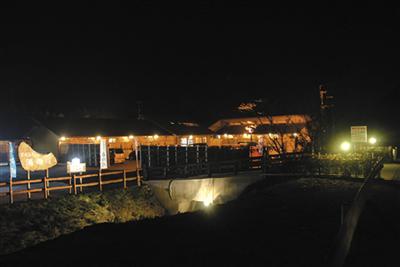 夜はライトアップの光があたたかな木の壁を照らす