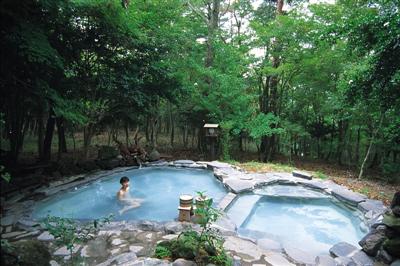 緑の木々に包まれた霧島温泉の露天風呂