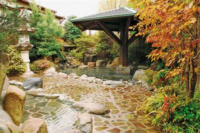 望月旅館の男性用の庭園露天風呂。屋根付きなので、雨の日も安心