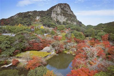 御船山が映り込む「ひょうたん池」周辺の紅葉