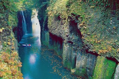 秋の高千穂峡では、柱状節理の地形が紅葉で色づく
