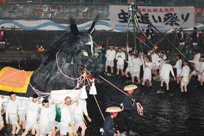 人形を激しく躍らせ戦わせる「虫追い祭り」