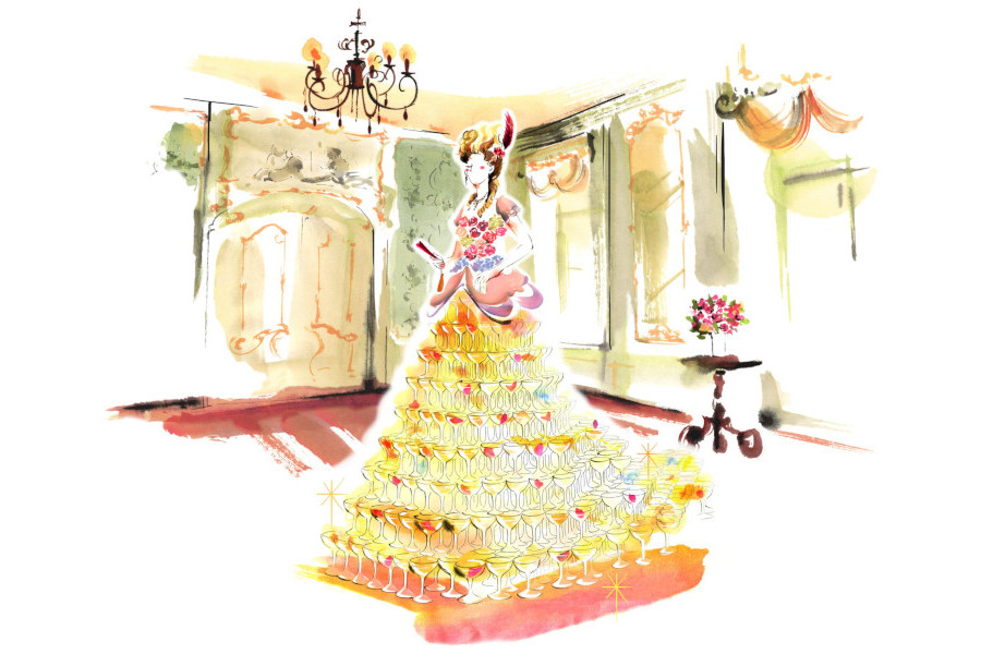 マリー・アントワネットのドレスを1000個のシャンパングラスを一つひとつ積み重ね表現したシャンパンタワーは圧巻※イメージです マリー・アントワネットのドレスを1000個のシャンパングラス