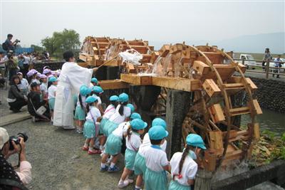 子どもたちの掛け声にあわせゆっくり回り始める「朝倉の揚水車群