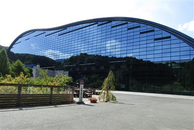 青空を映し出すダイナミックな建物が印象的