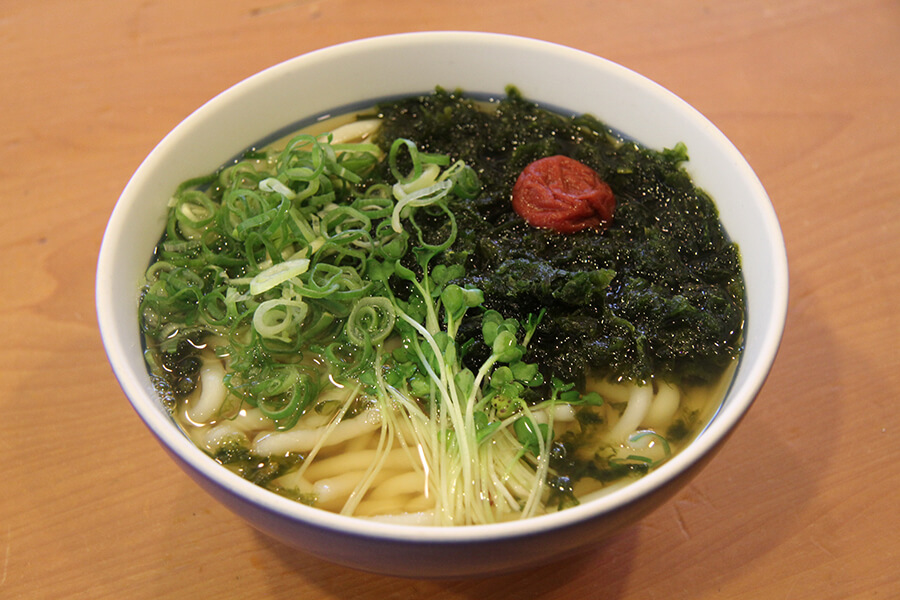 森口さん一押し。さっぱり食べられる「梅あおさうどん/590円」 森口さん一押し。さっぱり食べられる「梅あおさうどん590円」