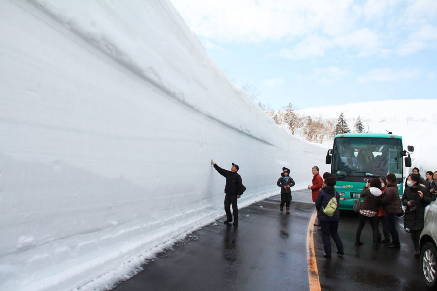 そびえ立つ雪壁は知床の冬の厳しさを物語っている