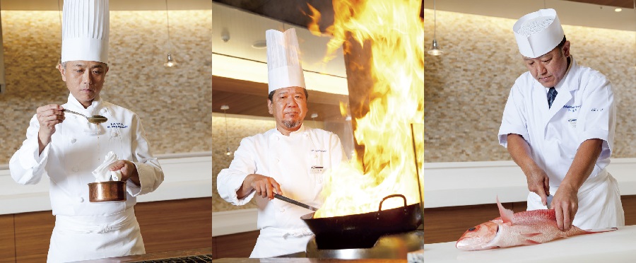 写真/左から洋食料理長の永吉 盛康さん、総料理長の山口 浩輝さん、和食料理長の仲村 将保さん