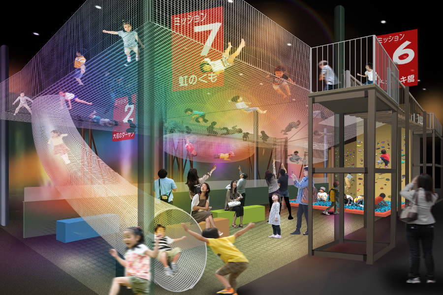 ▲7種類のアスレチックが楽しめる「ミッション7 K―スタジアム」 ▲7種類のアスレチックが楽しめる「ミッション7 K―スタジア