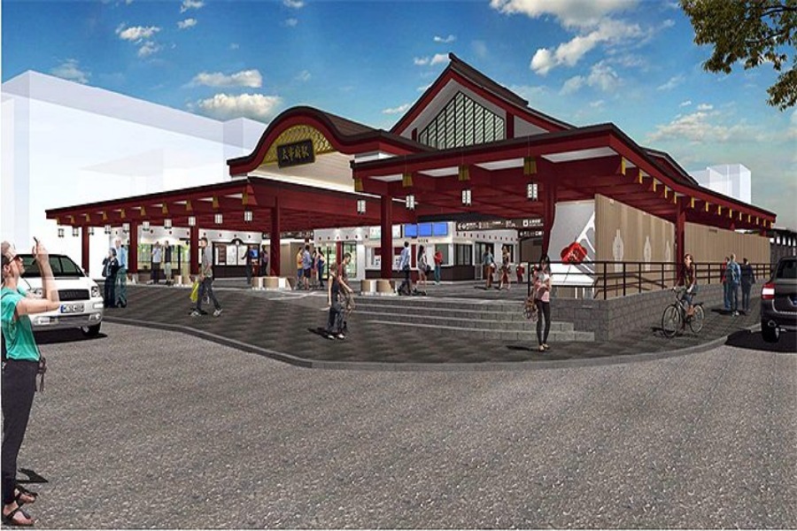 ▲太宰府天満宮をイメージした「朱色をまとった駅舎」