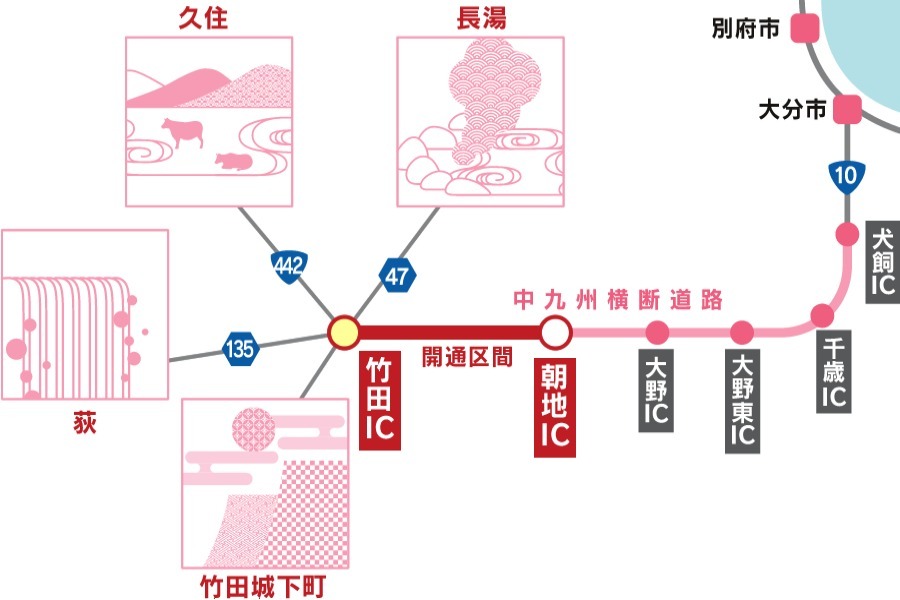 開通区間は中九州横断道路の「竹田IC」から「朝地IC」の区間