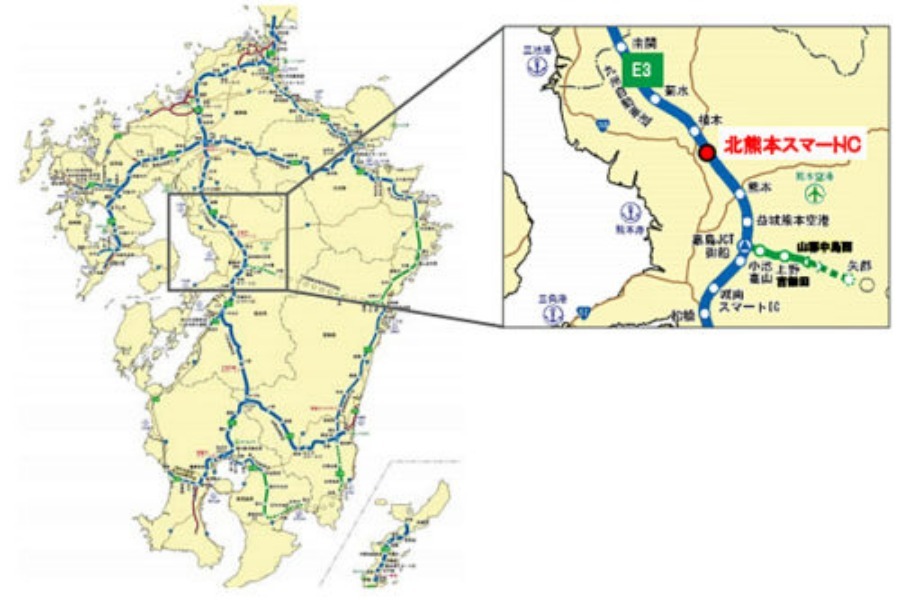 ▲設置場所は上りが熊本県熊本市北区改寄町の九州自動車道植木IC~熊本IC間(©NEXCO西日本ホームページ)