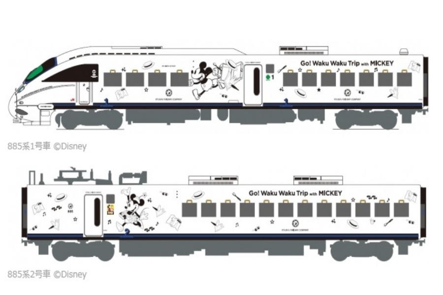 ▲885系にもミッキーマウスとミニーマウスを描いた特別なデザインが登場! ▲885系にもミッキーマウスとミニーマウスを描いた特別なデザ