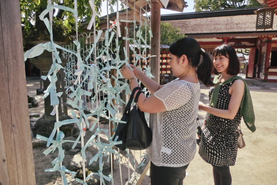 太宰府天満宮。おみくじを結ぶ女性は、埼玉県から訪れたという