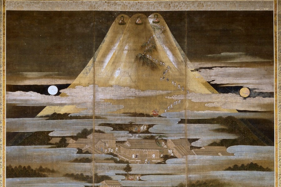 富士登山の様子が描かれた絹本著色富士曼荼羅図（一部、非公開）