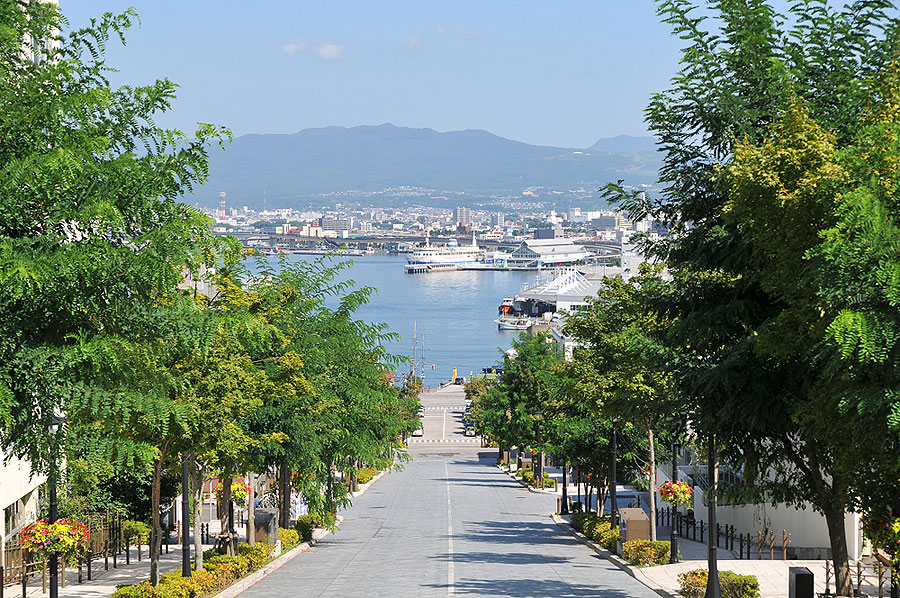 坂道の先に海が広がる八幡坂からの景色