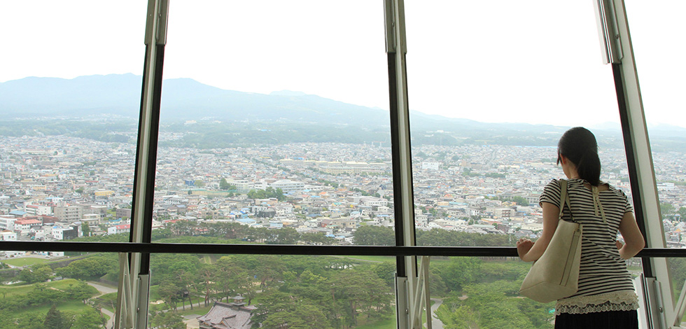 五稜郭タワーの上から景色を眺める