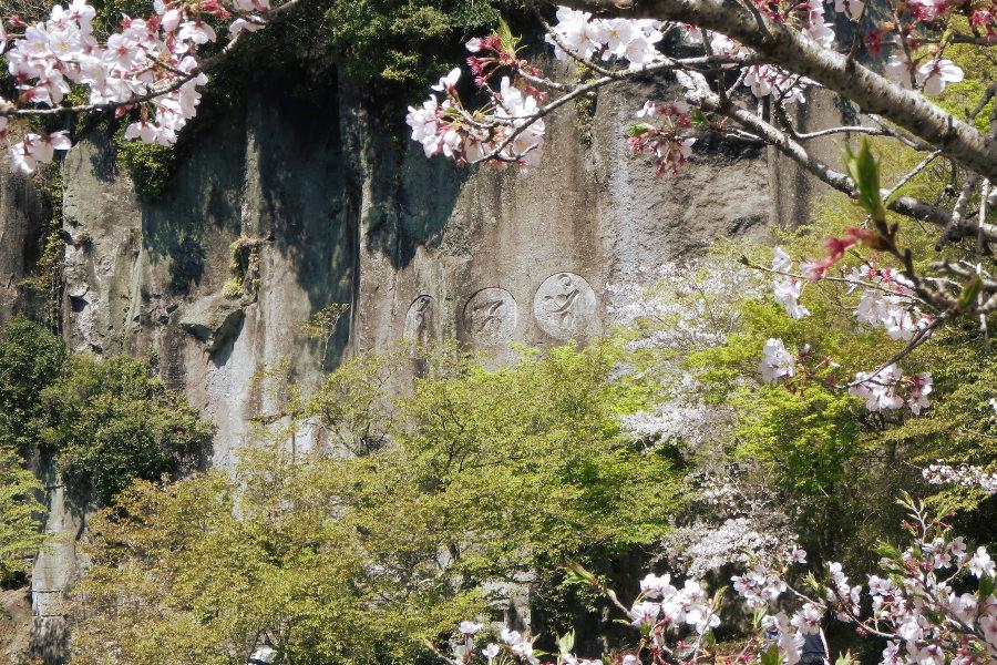 園内にある「清水磨崖仏」。春には桜に彩られた姿を見ることができる 岩屋公園キャンプ場内にある「清水磨崖仏」