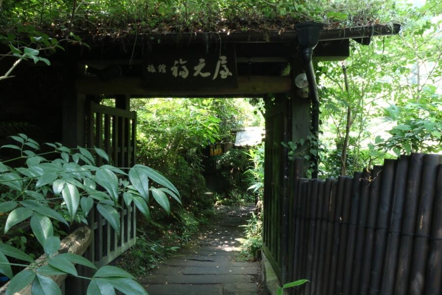 緑に包まれた入口。川の音を聞きながら入っていきます