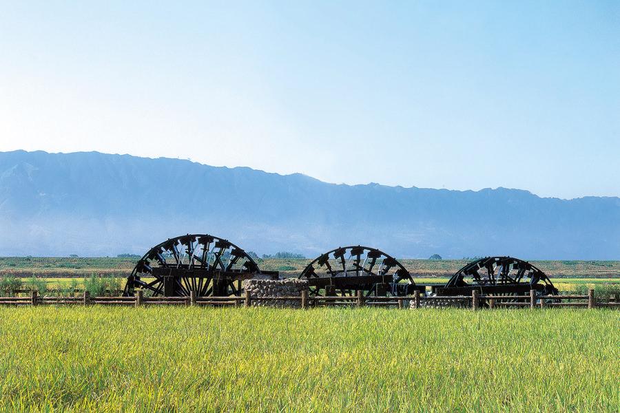 のどかな田園風景に絵になる三連水車は朝倉のシンボル