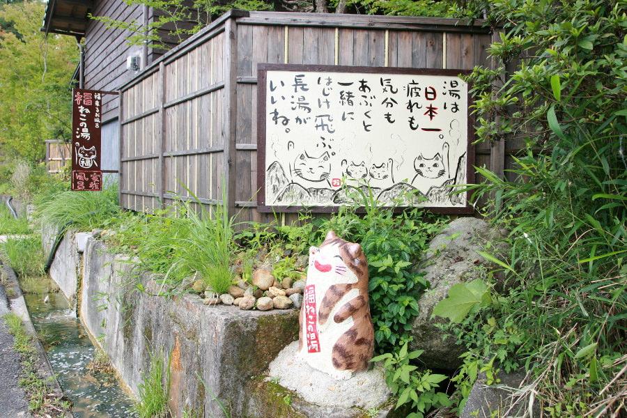 お店の外にある福ねこの湯の看板と手作りの招き猫がお出迎え お店の外にある福ねこの湯の看板と手作りの招き猫がお出迎え