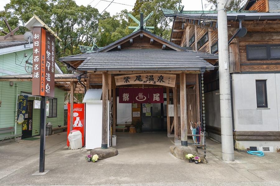 神社の裏にある「紫尾温泉 神の湯」は、その名の通り紫尾神社の拝殿下から自然湧出している温泉。秋には色づいた柿を温泉いっぱいに浸して渋抜きをする“あおし柿”の販売も行われています