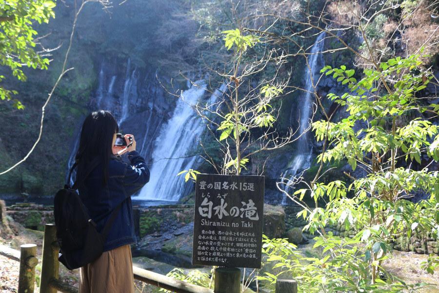 遊歩道を20分ほど進むと「白水の滝」に到着。白水の滝はよく見ると割れ目から湧き水が流れているのが分かります。高さ38メートルの迫力ある滝を間近に感じてください