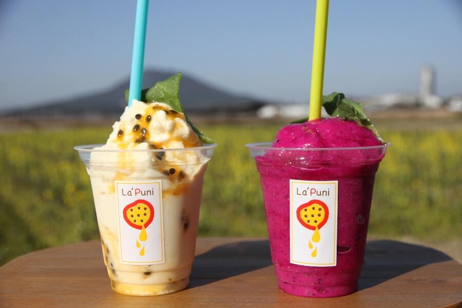 店の前は菜の花畑。ドラゴンフルーツを使ったジュースは美と健康にぴったり